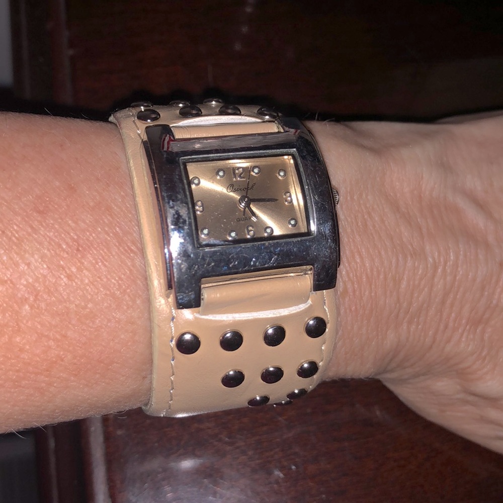 Vintage Beige silvertone studded watch, needs battery.